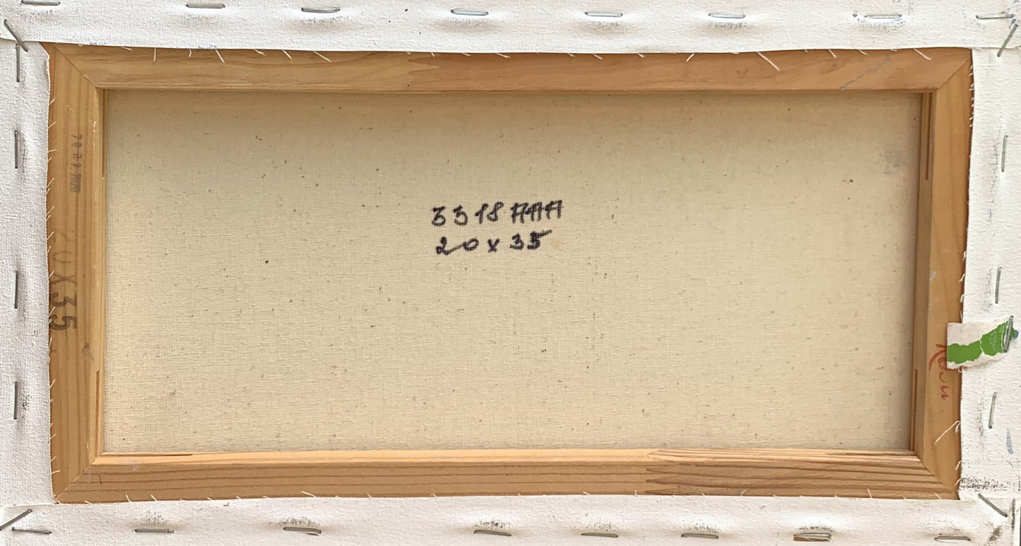 Back of Oil painting Flooded river bank Tatyana Derdey with light brown wooden frame, beige canvas and handwritten black ink inscription