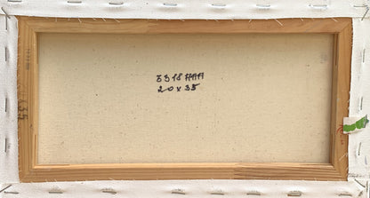Back of Oil painting Flooded river bank Tatyana Derdey with light brown wooden frame, beige canvas and handwritten black ink inscription