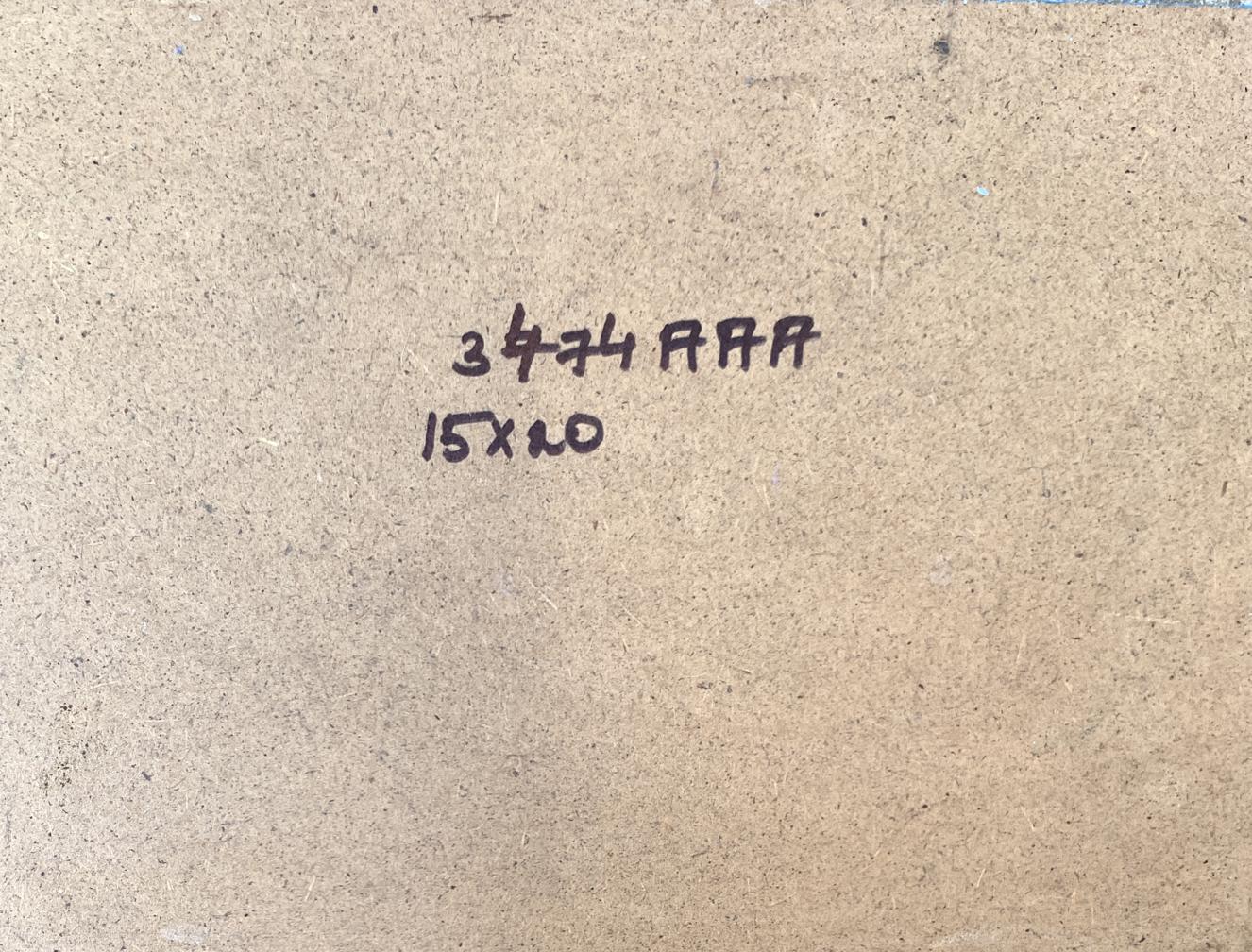 Back of Oil painting High green mountains V. Zadorozhnya on brown cardboard with black ink markings