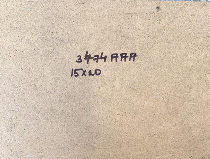 Back of Oil painting High green mountains V. Zadorozhnya on brown cardboard with black ink markings