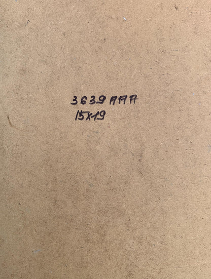 Back of Yuriy Suprunchuk oil painting with brown cardboard and black ink markings