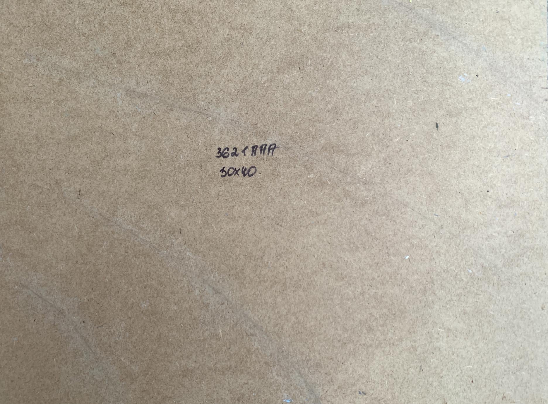 Back of Yuriy Suprunchuk oil painting with brown cardboard and handwritten markings