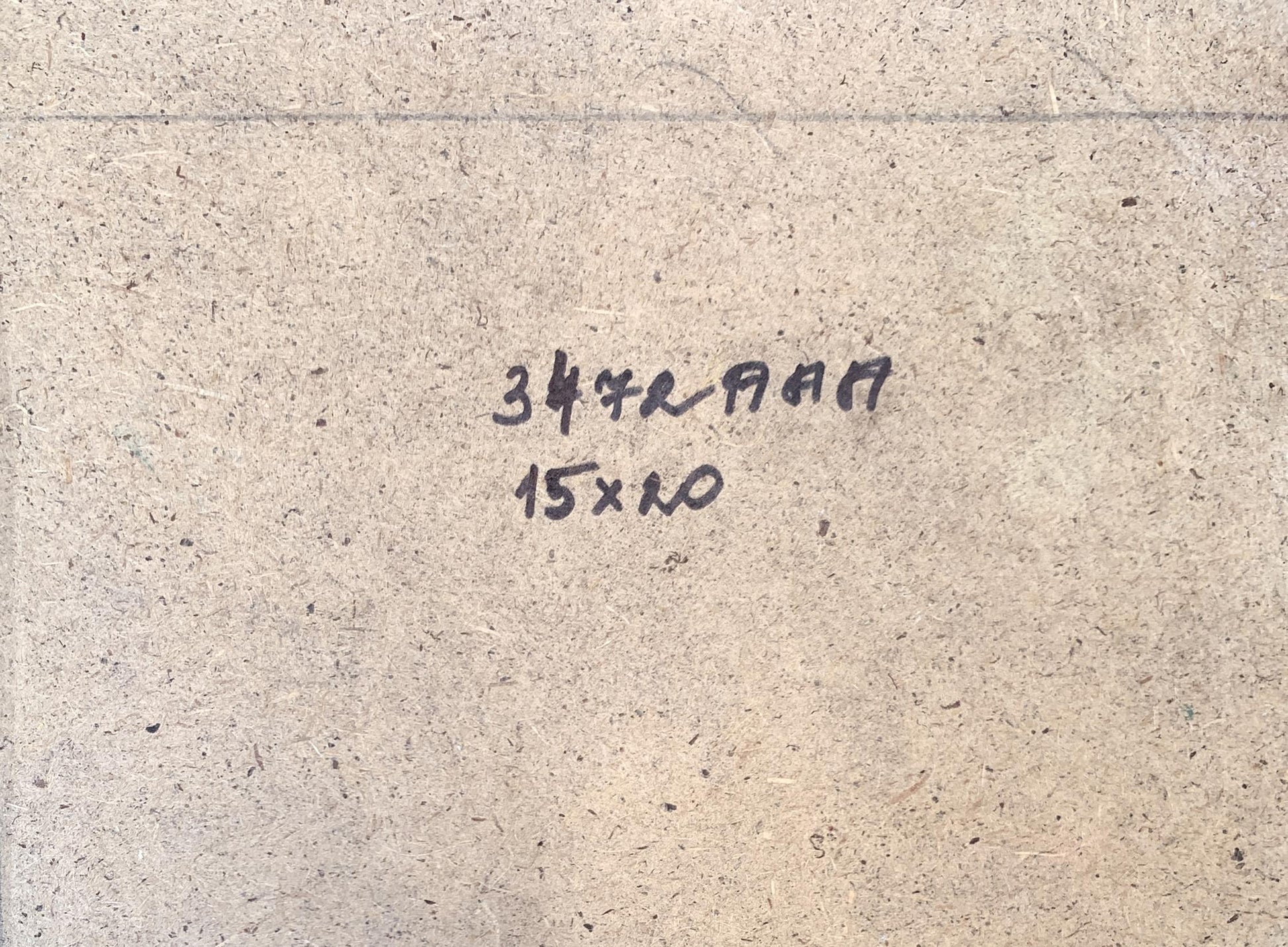 Back of V. Zadorozhnya oil painting with beige textured surface and black ink markings