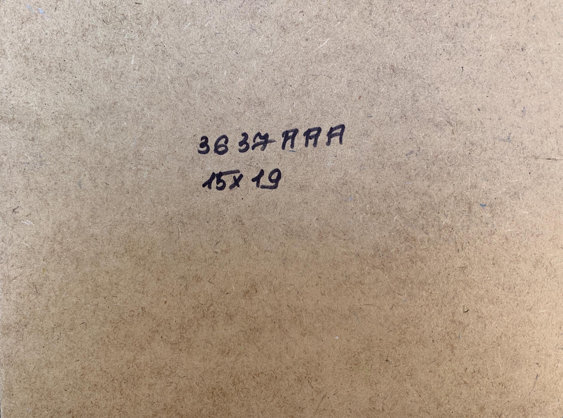 Back of Yuriy Suprunchuk oil painting on brown cardboard with black ink markings