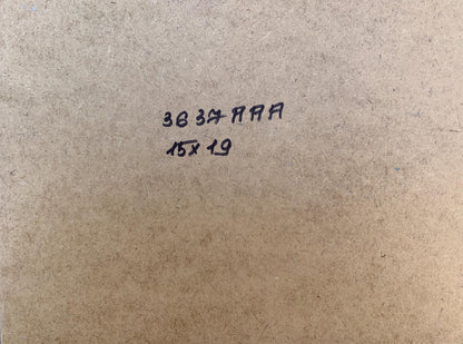 Back of Yuriy Suprunchuk oil painting on brown cardboard with black ink markings