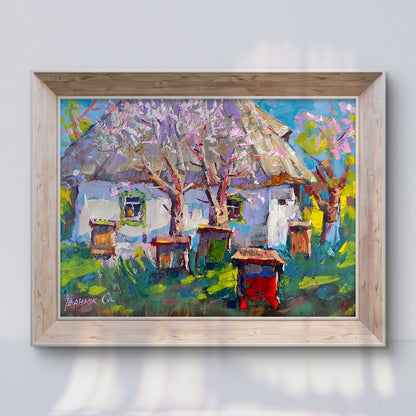 Oil painting Spring came by Alex Ivanyuk: rustic cottage with beehives