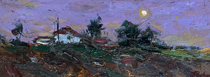 Impressionistic landscape by Alexander Cherednichenko: white house, red roof, trees, purple-yellow sky