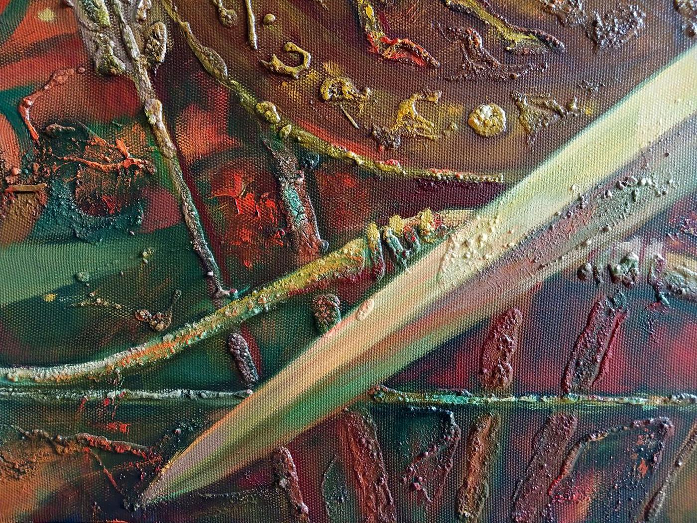 Abstract oil painting Scythian legend by Anatoly Tarabanov impasto reds greens gold