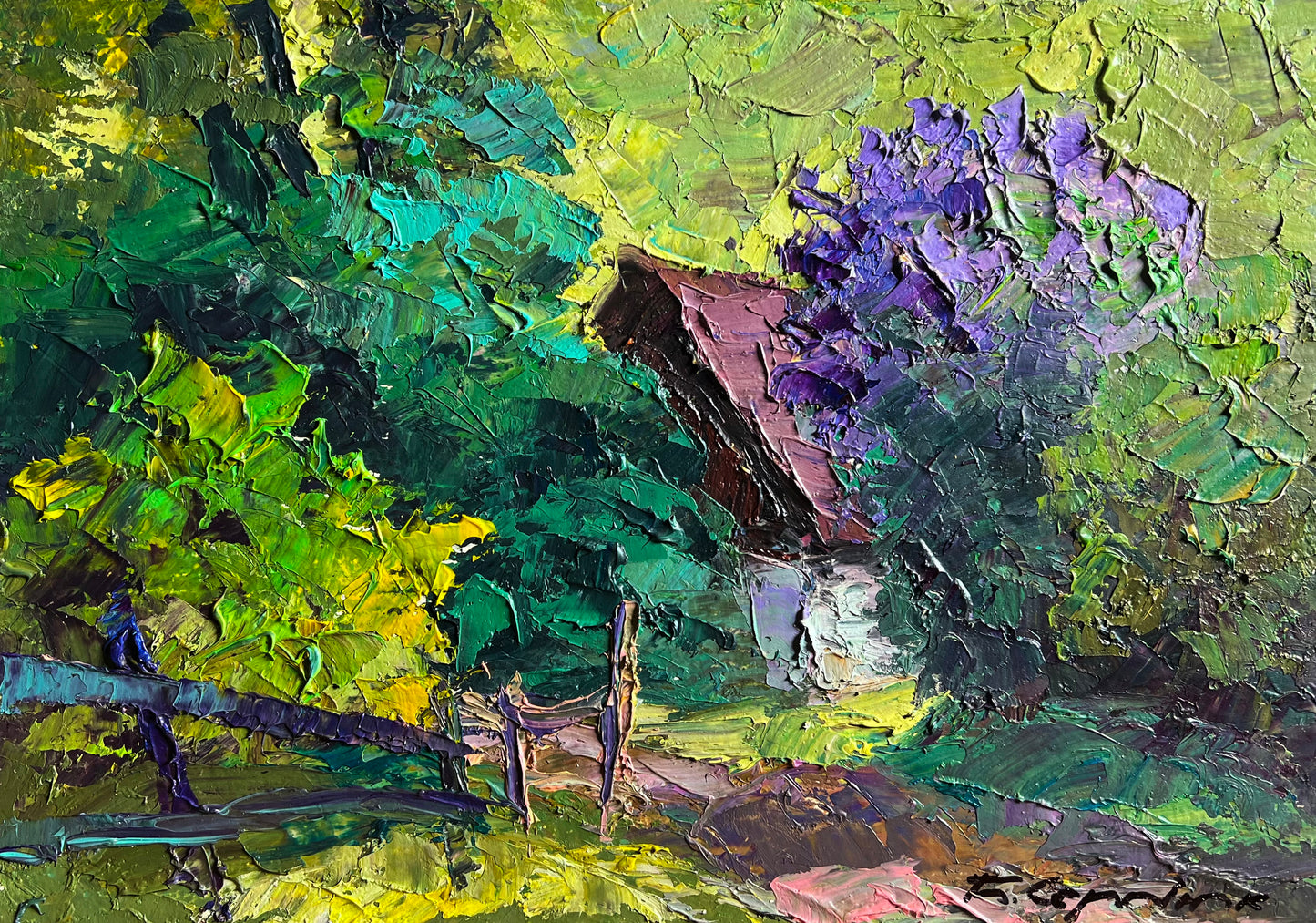 Vibrant oil painting of rustic shed in lush foliage by Boris Serdyuk