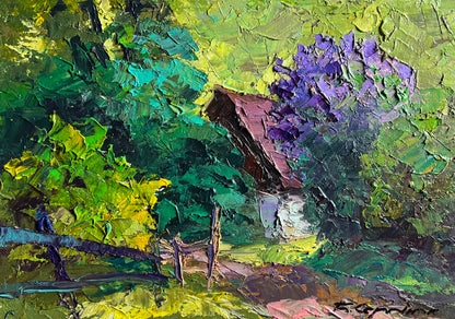 Vibrant oil painting of rustic shed in lush foliage by Boris Serdyuk