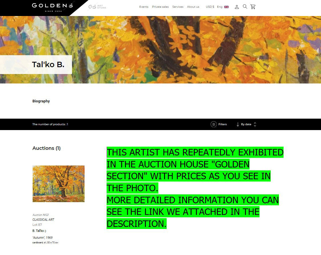 Autumn oil painting by Boris Tal’ko with vibrant yellow foliage on canvas