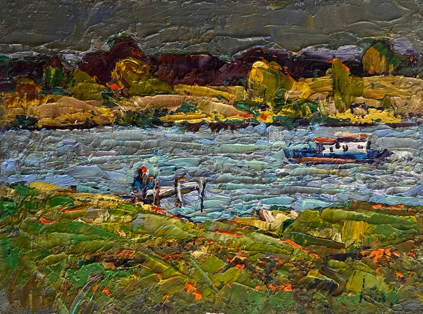 Textured oil painting of vibrant river scene by Oleksiy and Oksana Ivaniuk