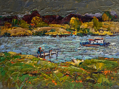 Textured oil painting of vibrant river scene by Oleksiy and Oksana Ivaniuk