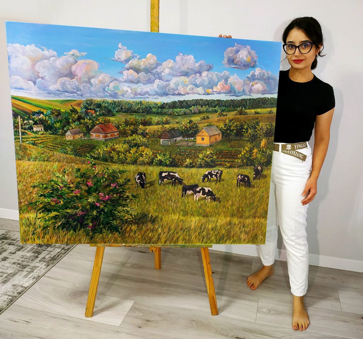 Oil painting Life in the village in summer by Oksana Sklym cows grazing