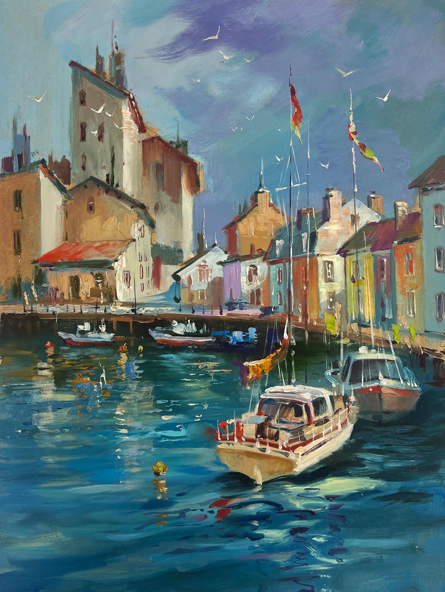 White and red wooden sailboat in harbor by Yuriy Suprunchuk fine art