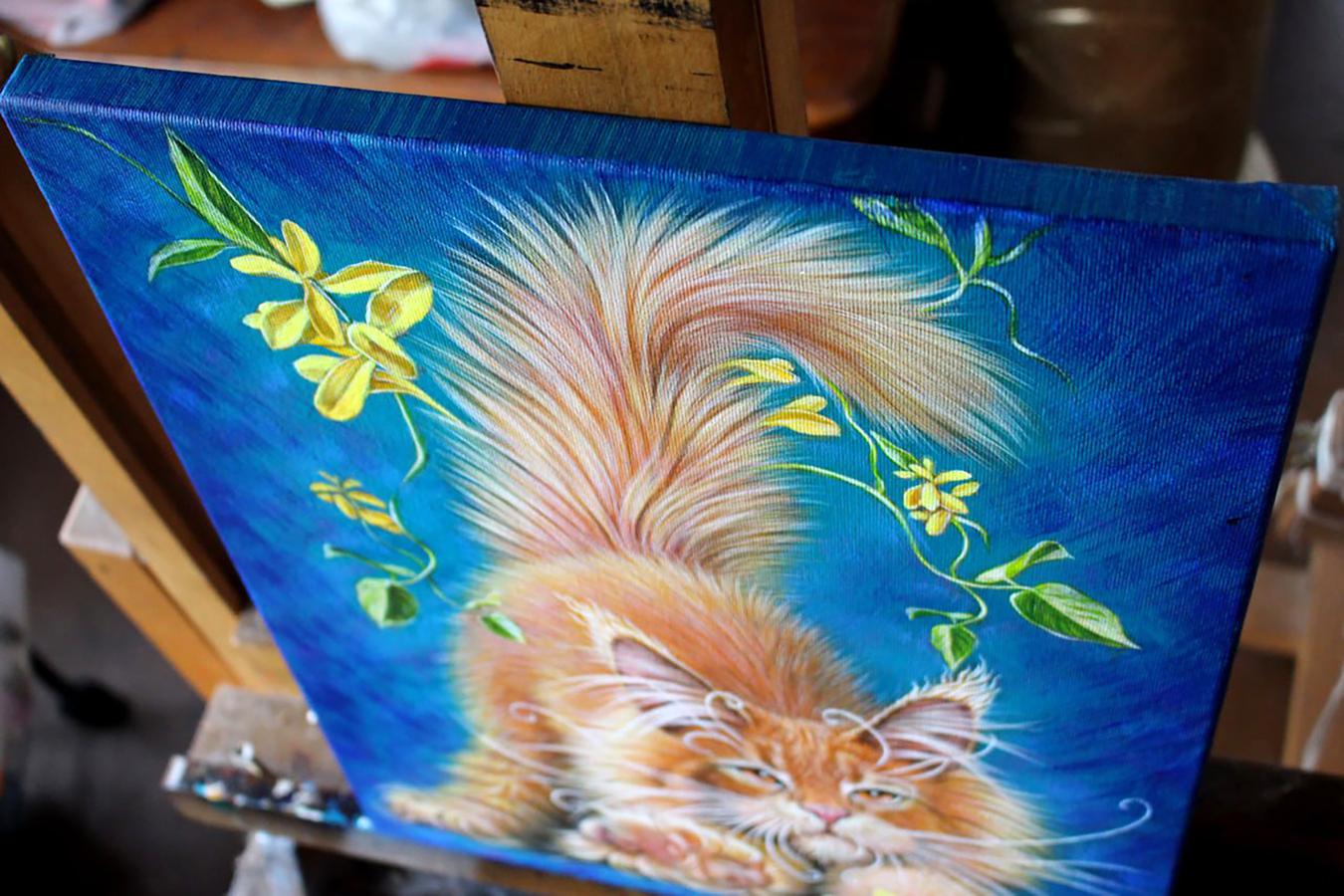 Oil painting Lapusic sorcerer Vira Goncharenko: fluffy orange white cat with yellow flowers