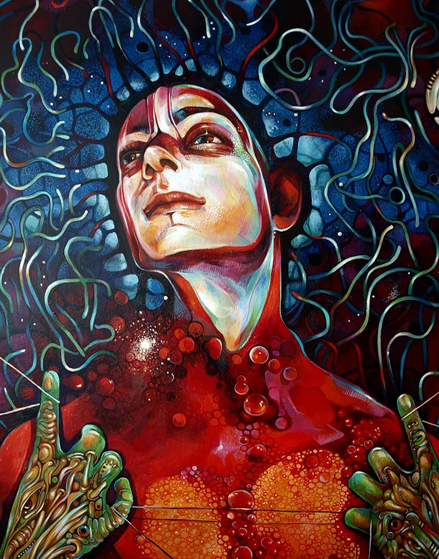 Vibrant surreal oil painting Agnihotra by Konsta G. Amelinn, glowing red-orange figure on blue swirls