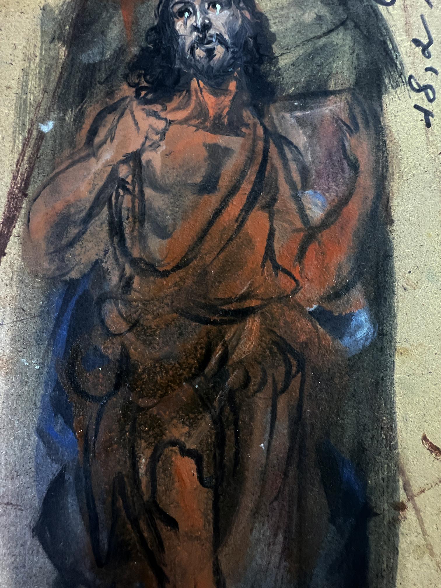 Charcoal sketch of bearded man in robes from Litvinov Night sacred rite oil painting