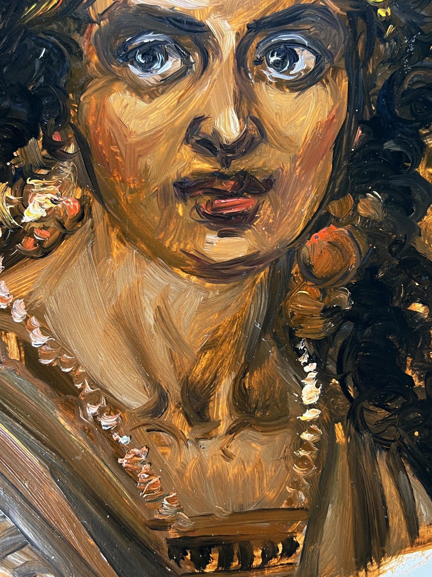 Oil painting of woman with flowers by Alexander Litvinov, blue eyes, curly hair