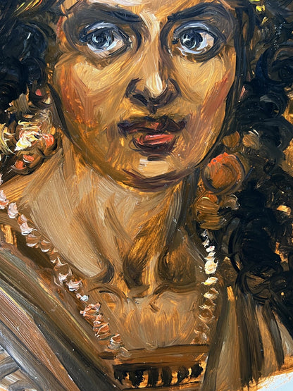 Oil painting of woman with flowers by Alexander Litvinov, blue eyes, curly hair