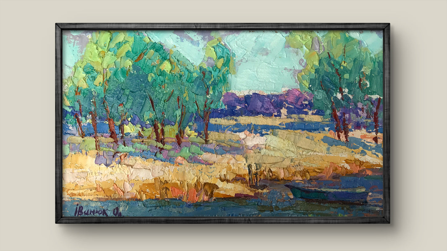 Framed impressionist oil painting Sandy shore by Alex Ivanyuk with green trees teal sky fields purple hills