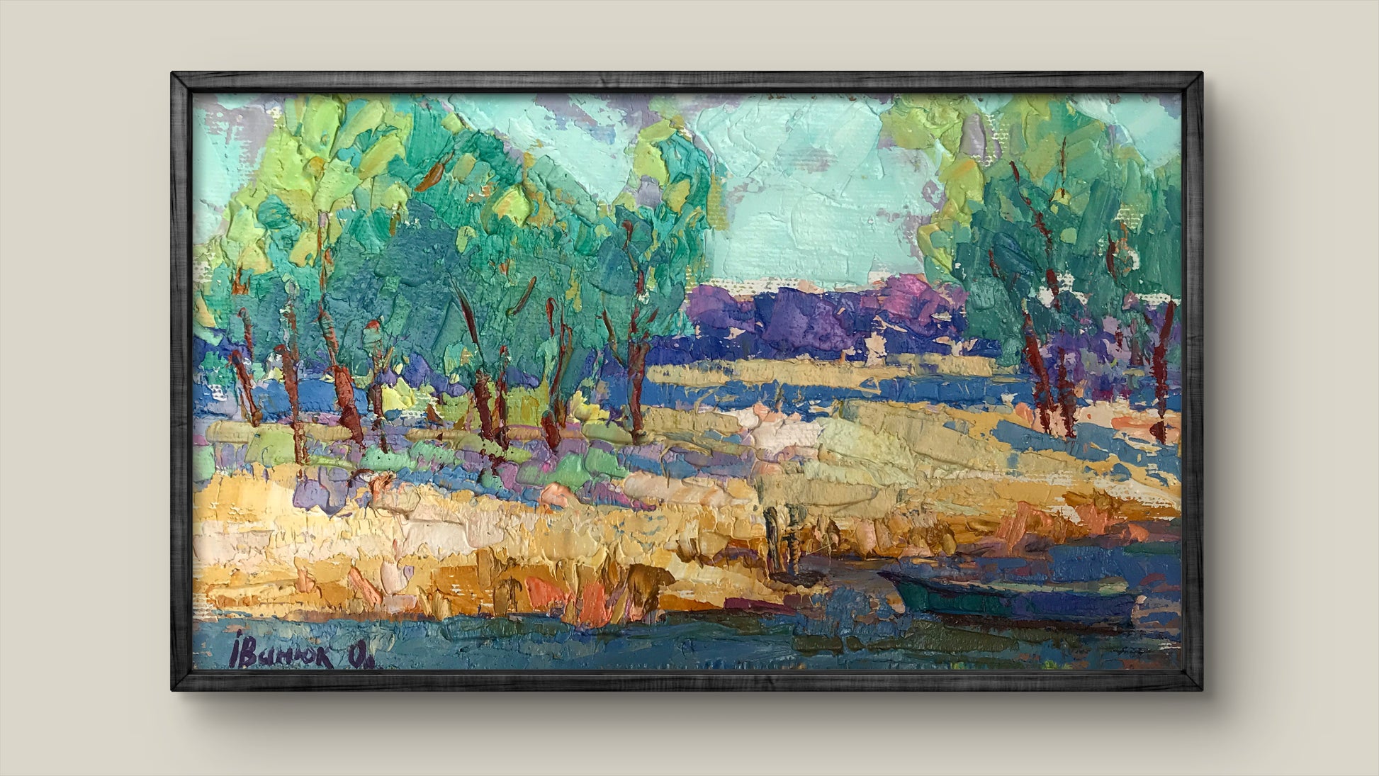 Framed impressionist oil painting Sandy shore by Alex Ivanyuk with green trees teal sky fields purple hills
