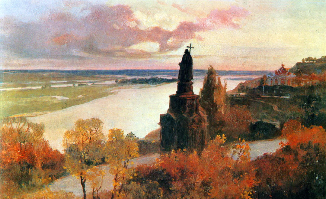 Rare Ivan Izhakevych oil painting of dark robed statue with cross in autumn landscape
