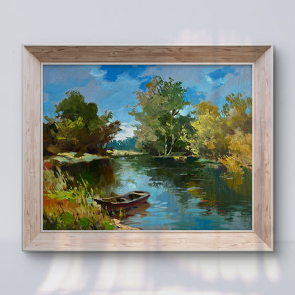 Oil painting Boat in green reflections by Yuriy Suprunchuk serene river scene