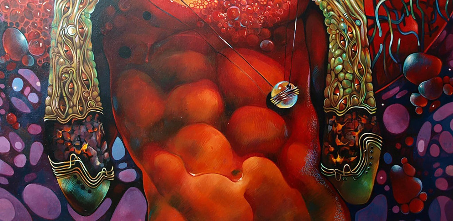 Oil painting Agnihotra by Konsta G. Amelinn: vibrant orange-red form with golden green patterns