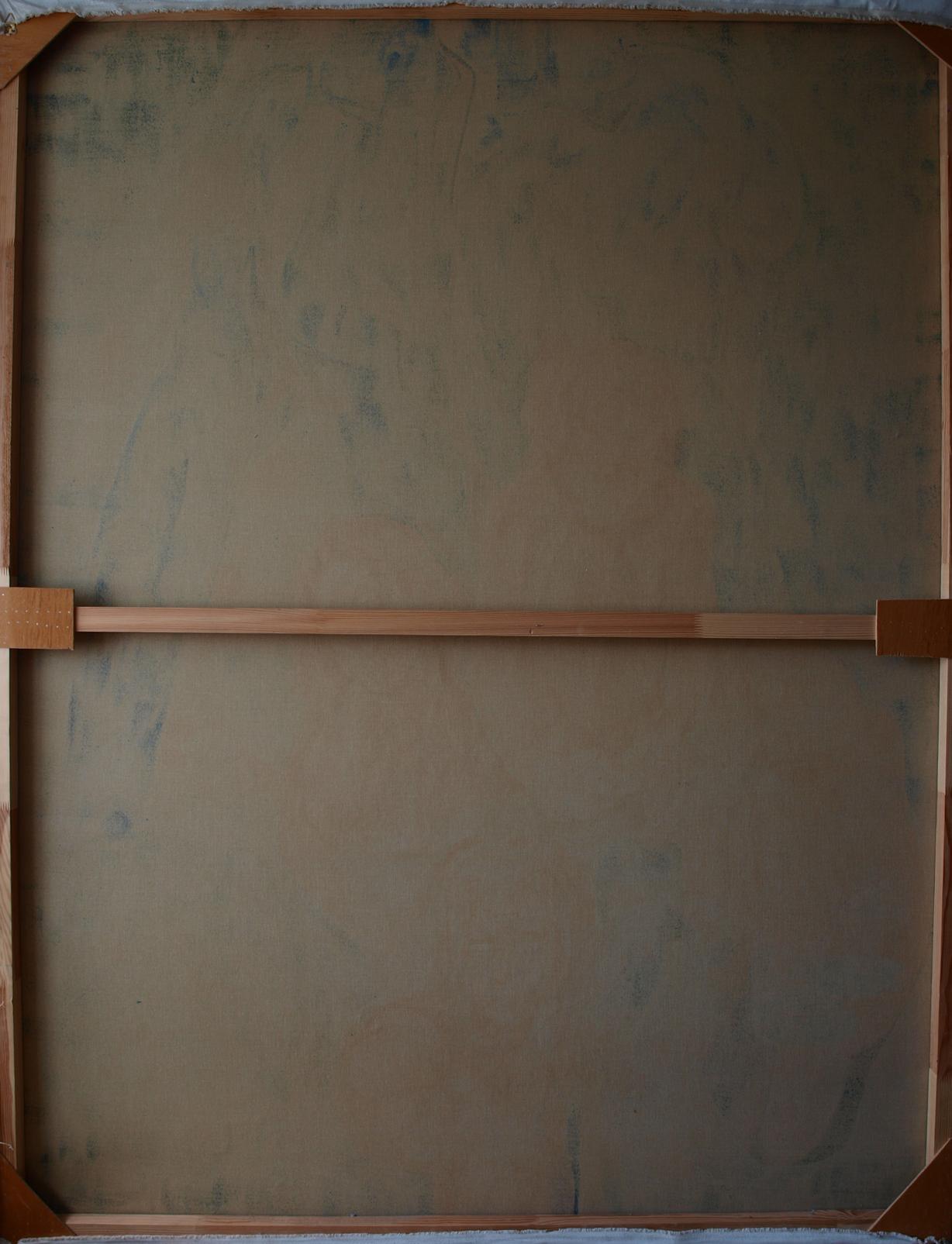 Back of Oil painting Mirror of Consciousness Konsta G. Amelinn on light brown wooden frame