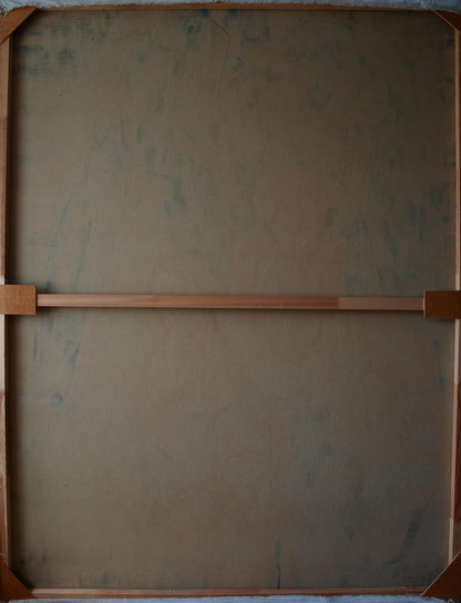 Back of Oil painting Mirror of Consciousness Konsta G. Amelinn on light brown wooden frame