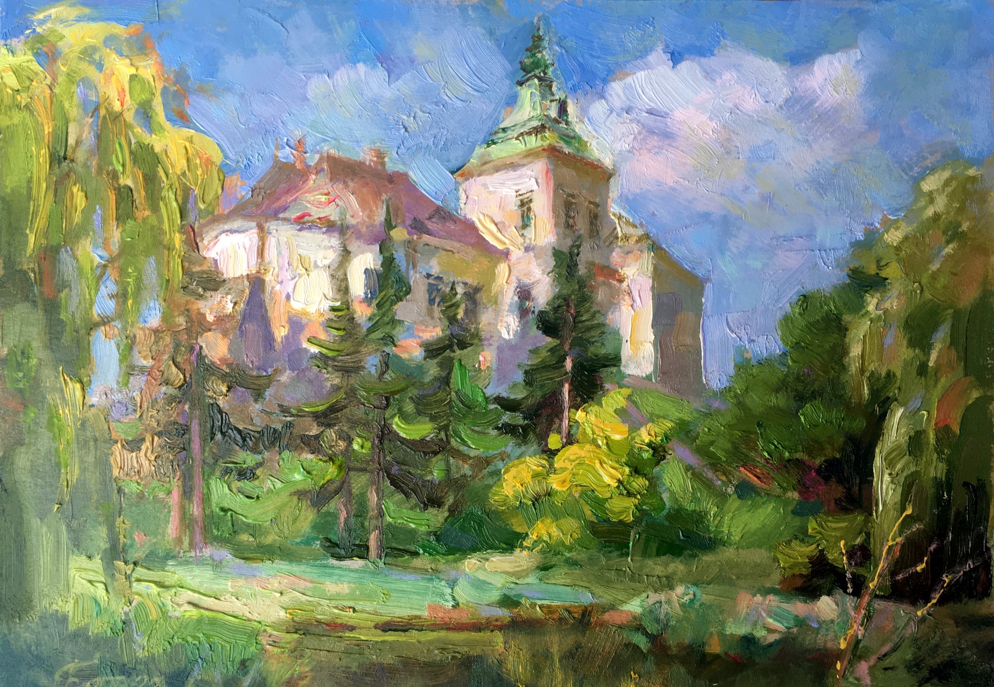 Vibrant impressionist church painting by Vladimir Batrakov, wholesale fine art