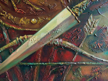 Abstract oil painting of Scythian legend sword by Anatoly Tarabanov