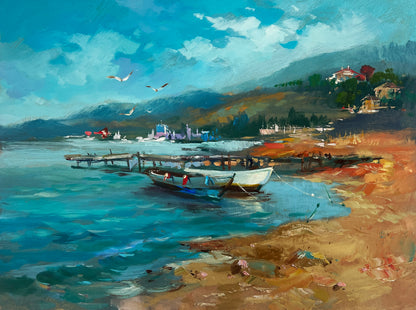 Yuriy Suprunchuk white rowboat with red accents in blue waters fine art print