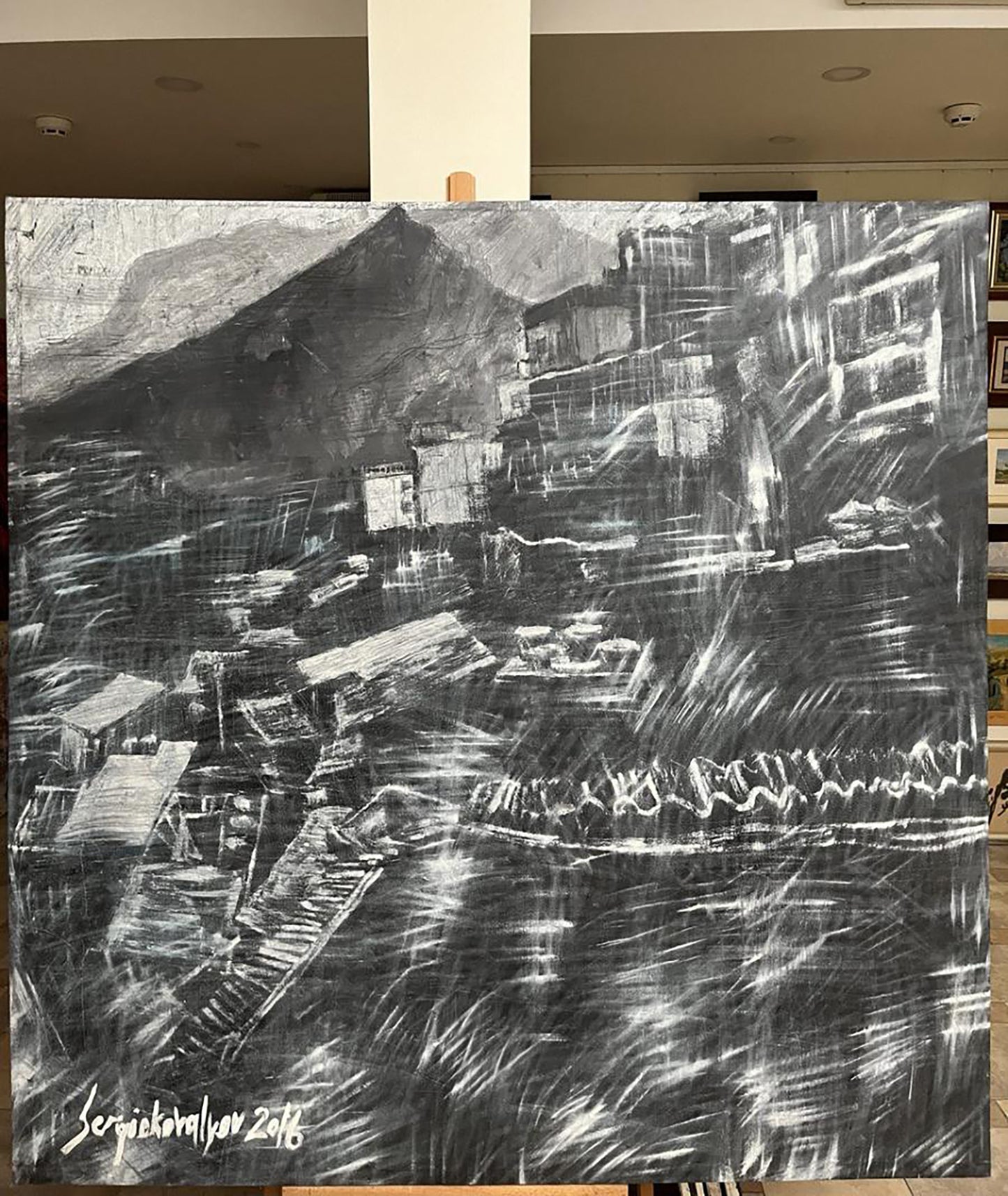 Black and white oil painting City Twilight by Serhiy Kovalev, mountainous landscape