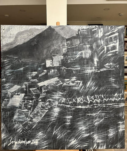 Black and white oil painting City Twilight by Serhiy Kovalev, mountainous landscape