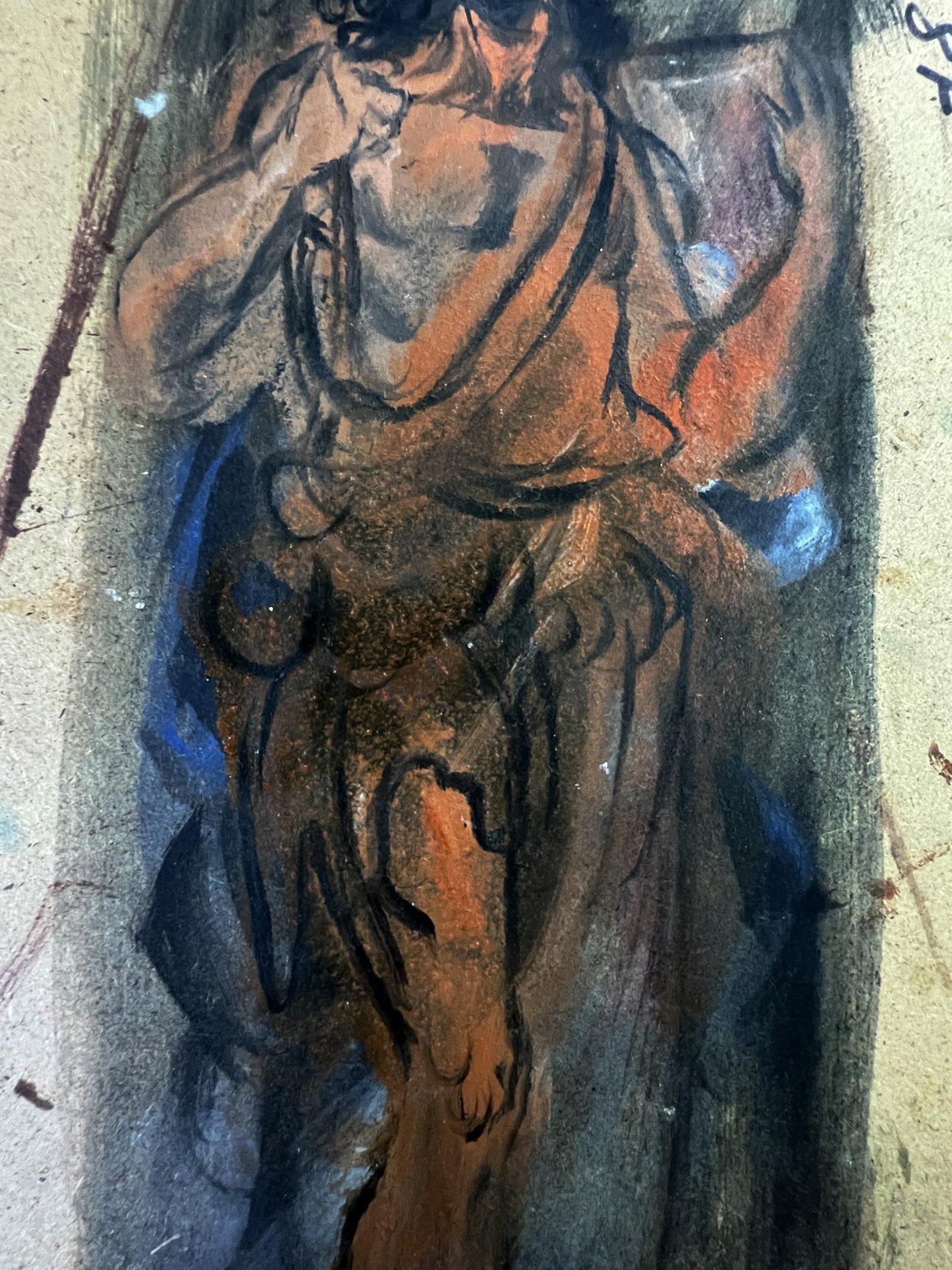 Textured pastel sketch of muscular figure in draped fabric from Litvinov Night sacred rite oil painting