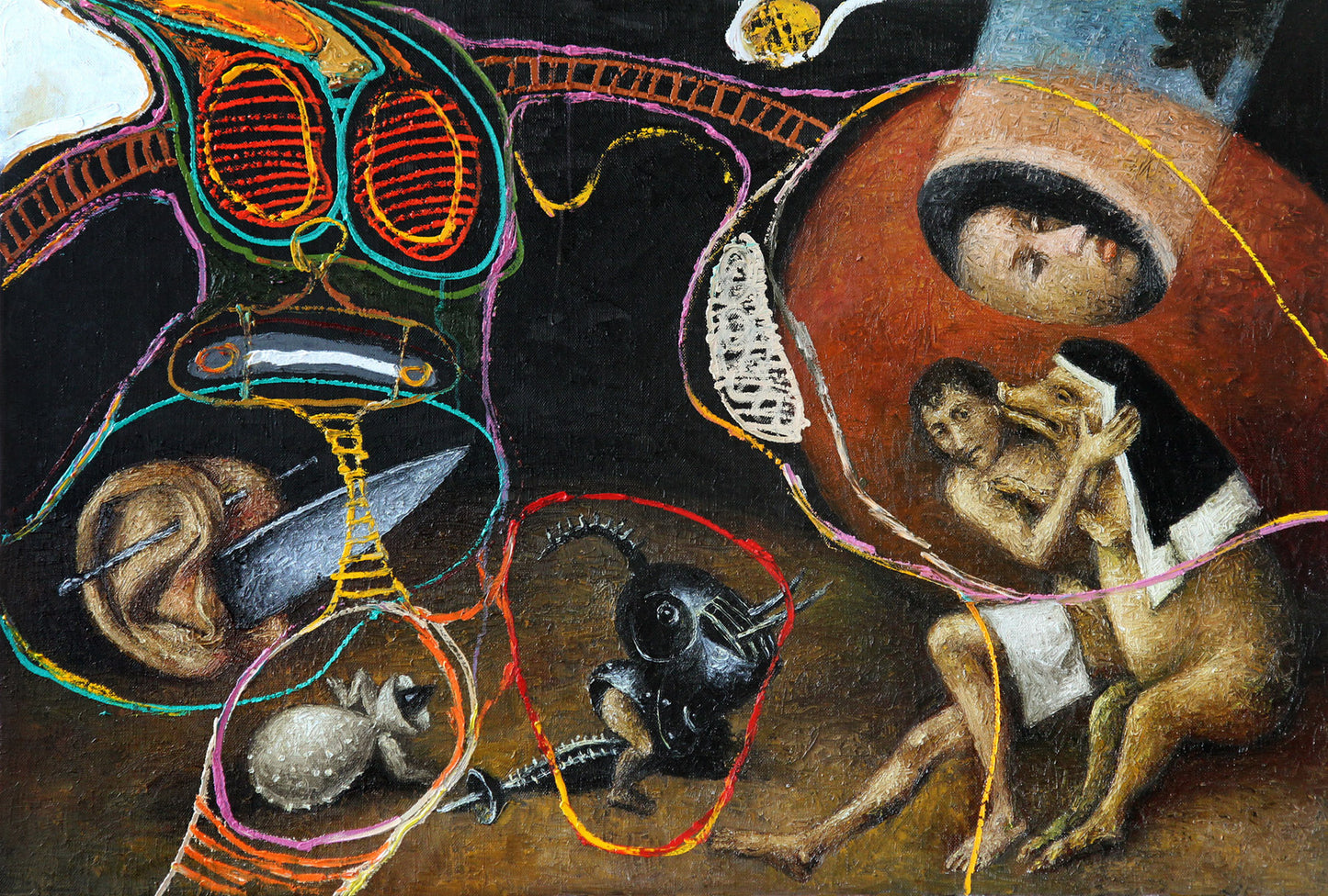 Collectible Transavantgarde painting by Alexander Roitburd with swirling vibrant lines