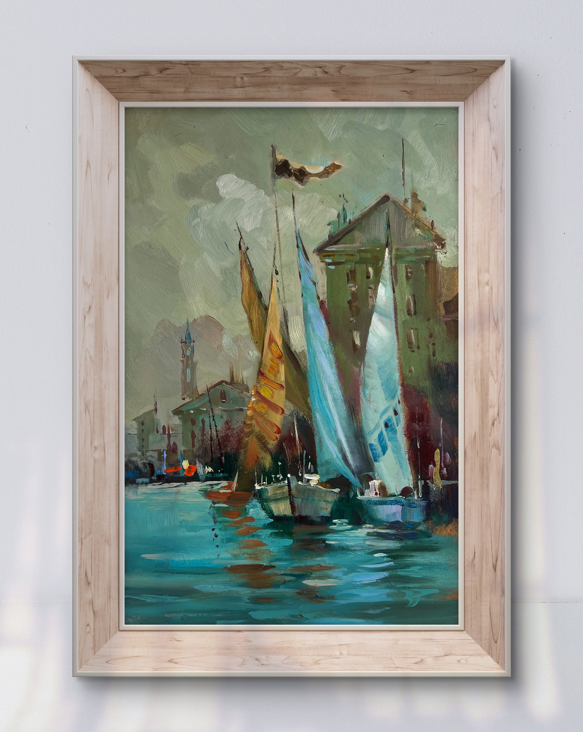 Oil painting of quiet Venice harbor with sailboats in light wood frame