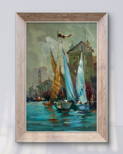 Oil painting of quiet Venice harbor with sailboats in light wood frame