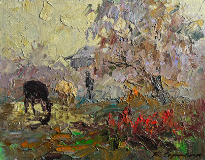Textured impressionist painting of two grazing cows by Boris Serdyuk