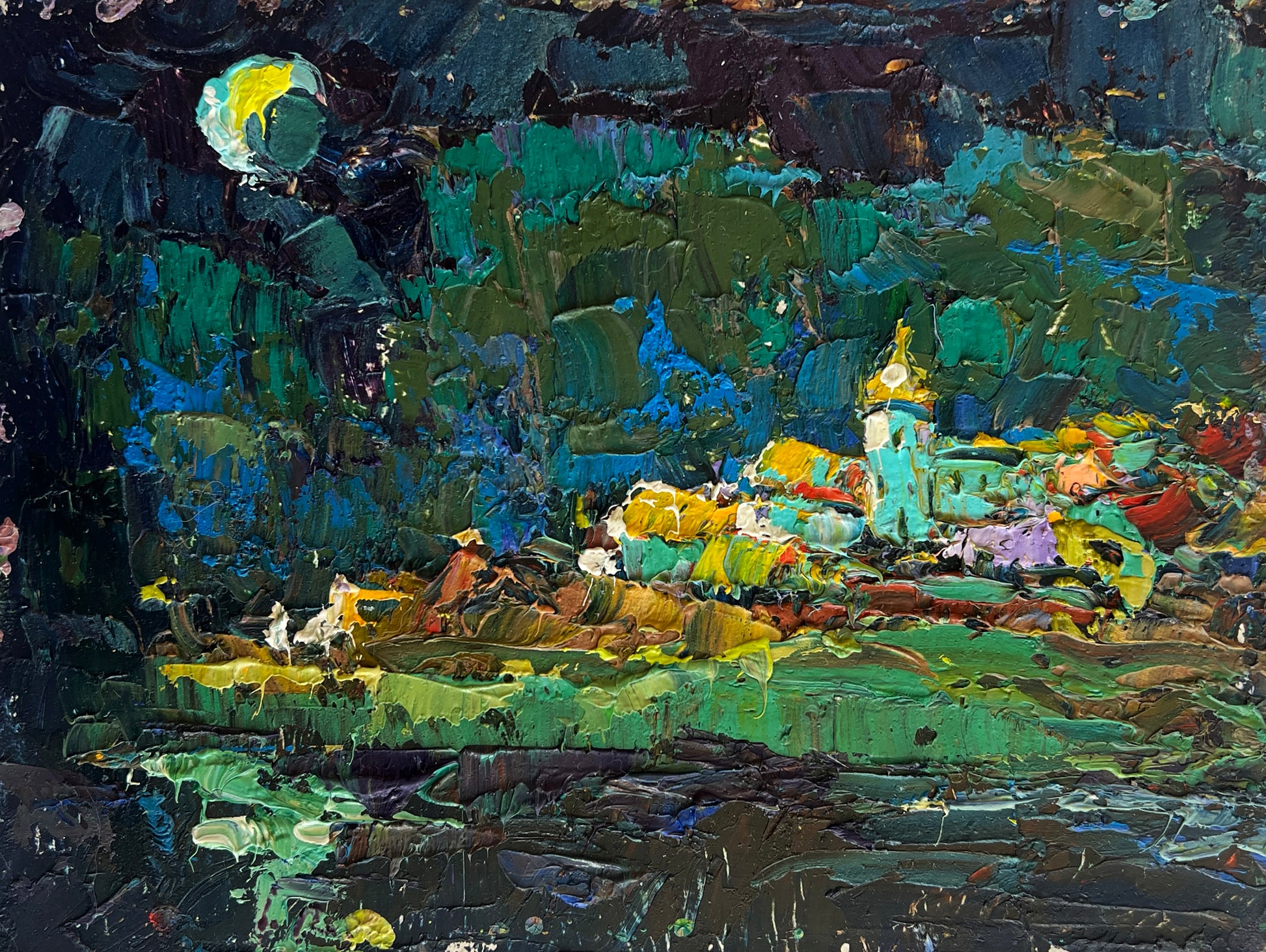 Vibrant impressionist painting by Oleksiy and Oksana Ivaniuk, teal green yellow brushstrokes
