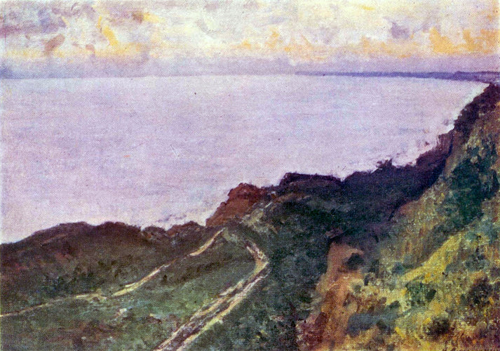 Authentic Volodymyr Synytskyi mid-20th century painting of purple ocean and cliffs