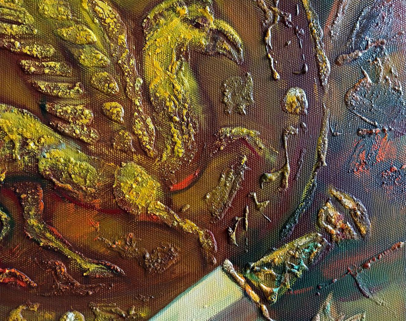 Gold-leafed bird sculpture in Anatoly Tarabanov Scythian legend painting
