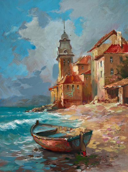 Weathered wooden rowboat on pebbled shore by Yuriy Suprunchuk fine art