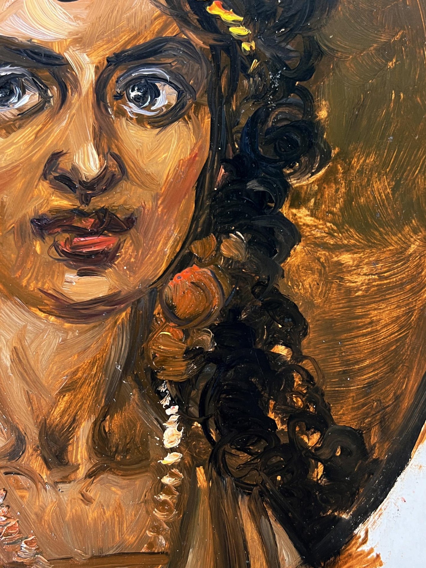 Oil painting of expressive woman with flowers by Alexander Litvinov