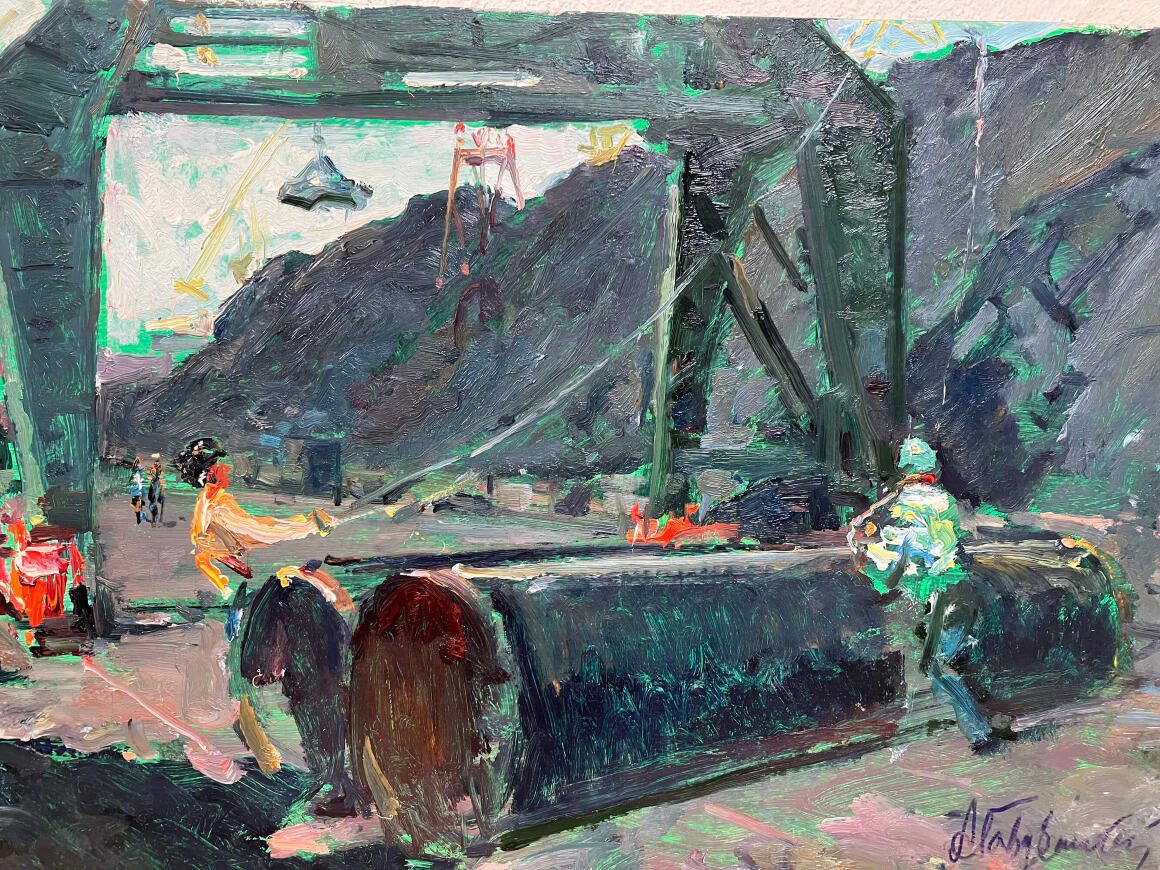 Vibrant Albin Havdzynsky impressionistic painting of industrial workers and machinery