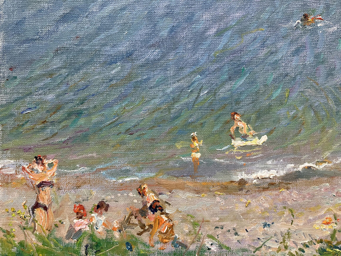 Vintage Albin Havdzynsky oil painting of lively beach scene