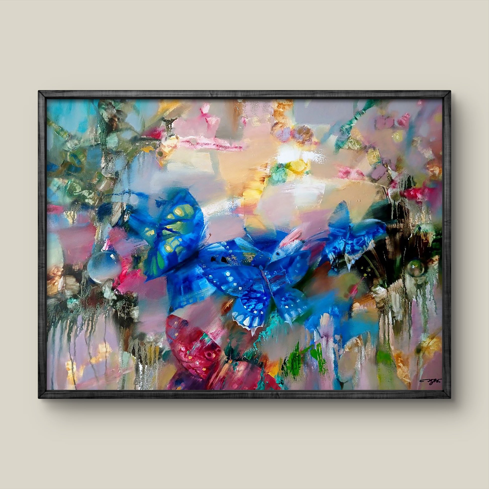 Abstract oil painting Butterflies by Anatoly Tarabanov with blue butterflies