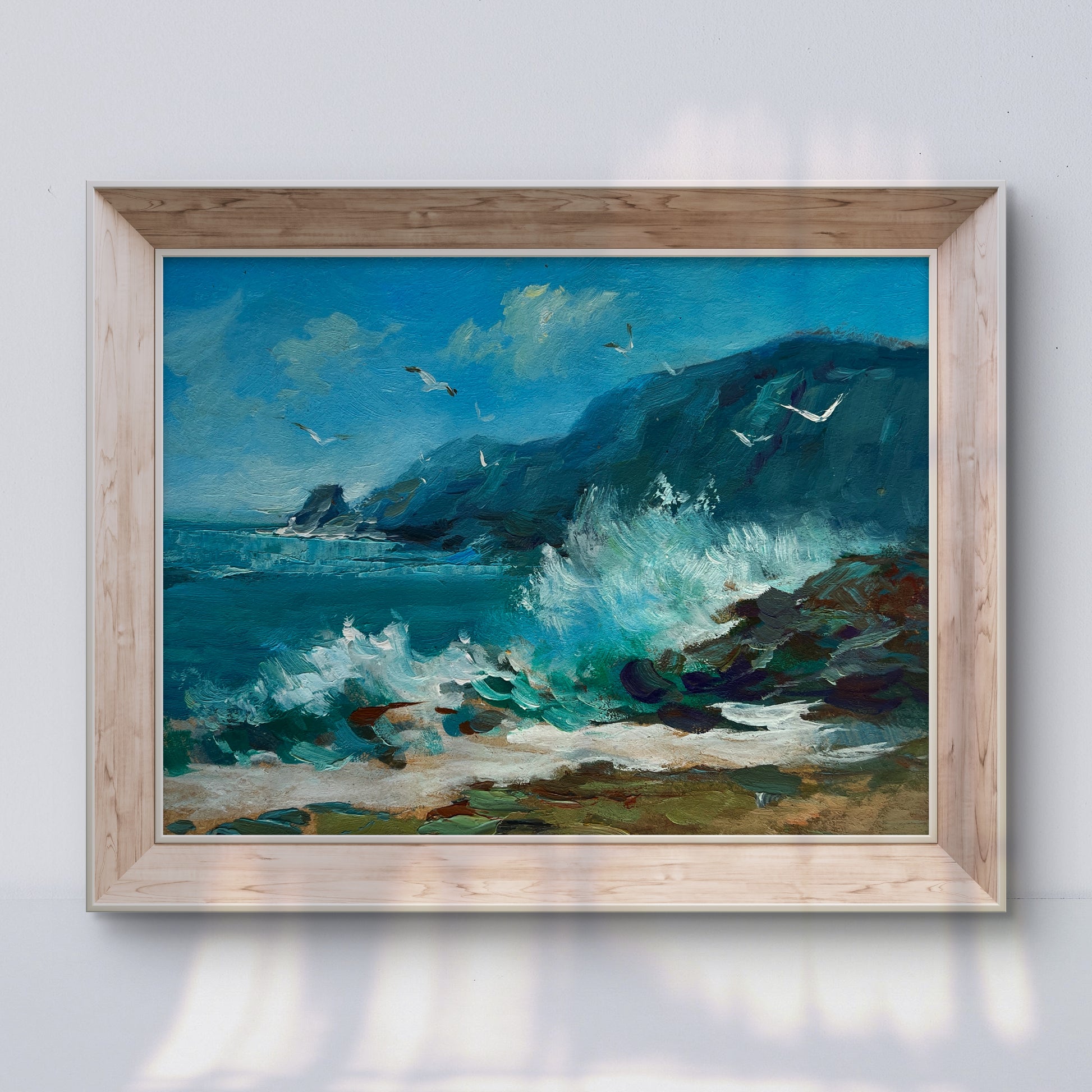 Oil painting by Yuriy Suprunchuk: sea waves crashing on rocks